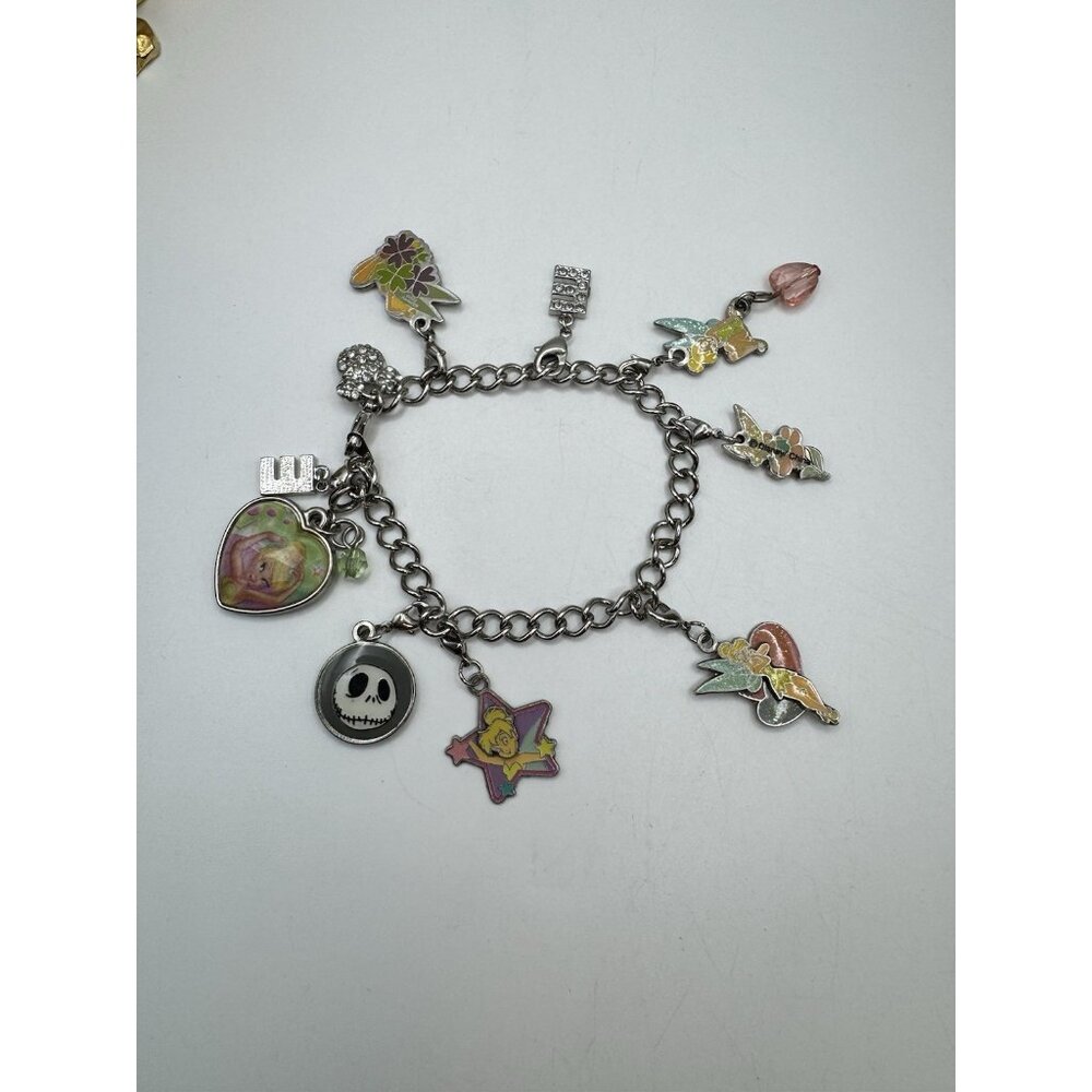 Disney Tinkerbell Charm Bracelet Multiples Charms (10)  Silver Tone Chain Link